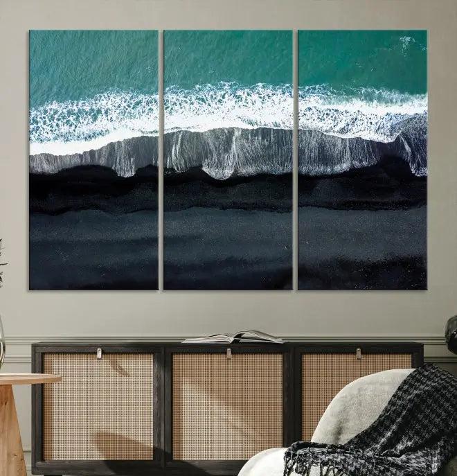 The Green Sea Ocean Aerial Wall Art Canvas Print is elegantly displayed, printed on museum-quality canvas. Its UV-protective coating ensures lasting beauty, and being ready to hang, it completes your room with timeless appeal.