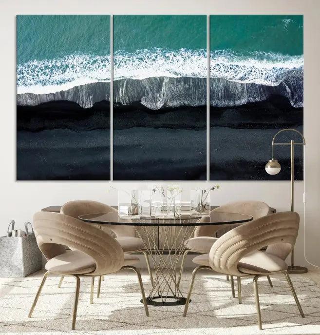 The Green Sea Ocean Aerial Wall Art Canvas Print is elegantly displayed, printed on museum-quality canvas. Its UV-protective coating ensures lasting beauty, and being ready to hang, it completes your room with timeless appeal.