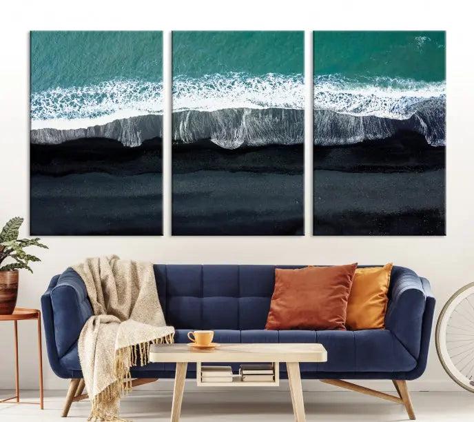 The Green Sea Ocean Aerial Wall Art Canvas Print is elegantly displayed, printed on museum-quality canvas. Its UV-protective coating ensures lasting beauty, and being ready to hang, it completes your room with timeless appeal.