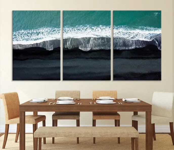 The Green Sea Ocean Aerial Wall Art Canvas Print is elegantly displayed, printed on museum-quality canvas. Its UV-protective coating ensures lasting beauty, and being ready to hang, it completes your room with timeless appeal.