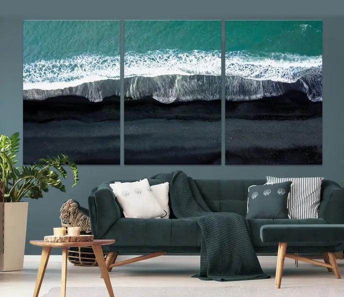 The Green Sea Ocean Aerial Wall Art Canvas Print is elegantly displayed, printed on museum-quality canvas. Its UV-protective coating ensures lasting beauty, and being ready to hang, it completes your room with timeless appeal.