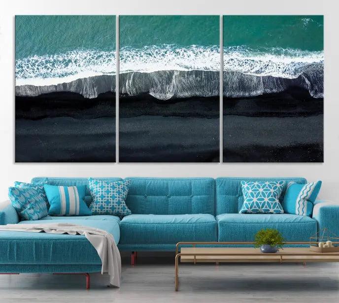 The Green Sea Ocean Aerial Wall Art Canvas Print is elegantly displayed, printed on museum-quality canvas. Its UV-protective coating ensures lasting beauty, and being ready to hang, it completes your room with timeless appeal.