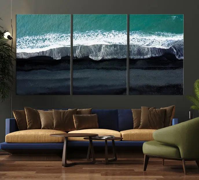 The Green Sea Ocean Aerial Wall Art Canvas Print is elegantly displayed, printed on museum-quality canvas. Its UV-protective coating ensures lasting beauty, and being ready to hang, it completes your room with timeless appeal.