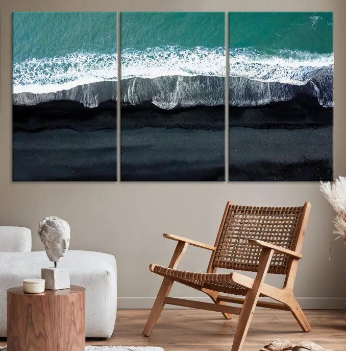 The Green Sea Ocean Aerial Wall Art Canvas Print is elegantly displayed, printed on museum-quality canvas. Its UV-protective coating ensures lasting beauty, and being ready to hang, it completes your room with timeless appeal.