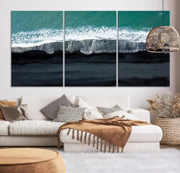 The Green Sea Ocean Aerial Wall Art Canvas Print is elegantly displayed, printed on museum-quality canvas. Its UV-protective coating ensures lasting beauty, and being ready to hang, it completes your room with timeless appeal.