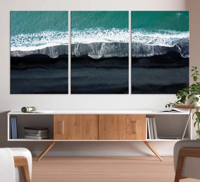 The Green Sea Ocean Aerial Wall Art Canvas Print is elegantly displayed, printed on museum-quality canvas. Its UV-protective coating ensures lasting beauty, and being ready to hang, it completes your room with timeless appeal.