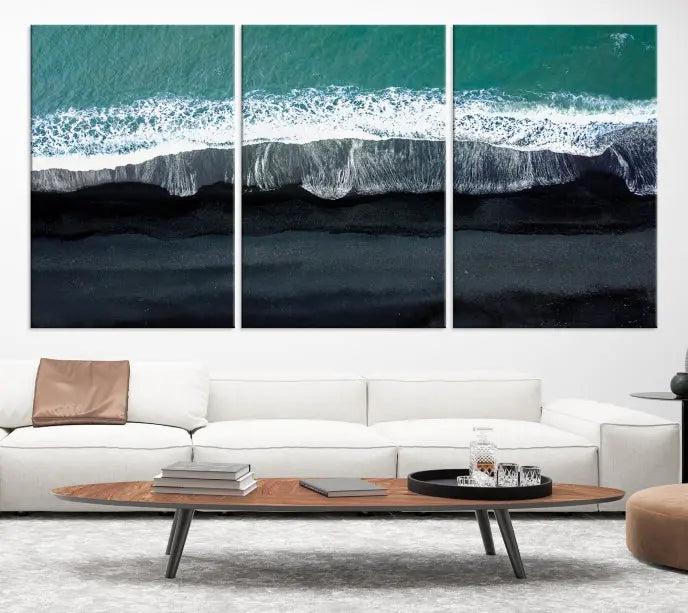 The Green Sea Ocean Aerial Wall Art Canvas Print is elegantly displayed, printed on museum-quality canvas. Its UV-protective coating ensures lasting beauty, and being ready to hang, it completes your room with timeless appeal.