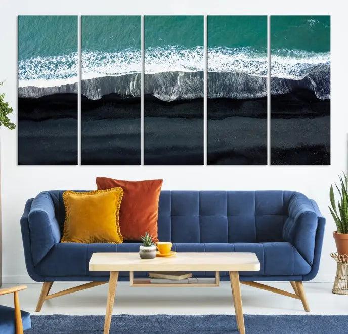 The Green Sea Ocean Aerial Wall Art Canvas Print is elegantly displayed, printed on museum-quality canvas. Its UV-protective coating ensures lasting beauty, and being ready to hang, it completes your room with timeless appeal.