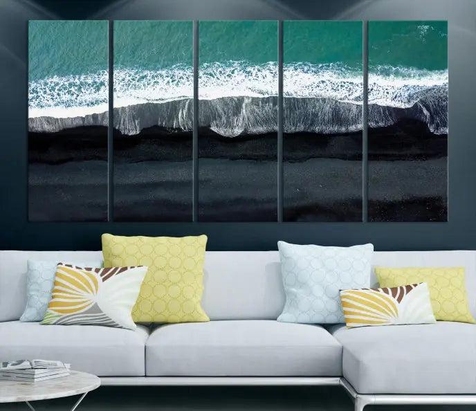 The Green Sea Ocean Aerial Wall Art Canvas Print is elegantly displayed, printed on museum-quality canvas. Its UV-protective coating ensures lasting beauty, and being ready to hang, it completes your room with timeless appeal.