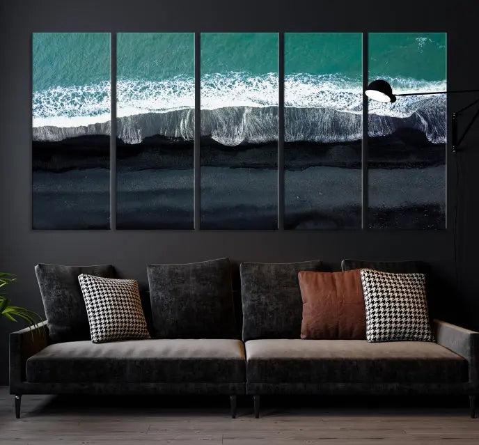 The Green Sea Ocean Aerial Wall Art Canvas Print is elegantly displayed, printed on museum-quality canvas. Its UV-protective coating ensures lasting beauty, and being ready to hang, it completes your room with timeless appeal.