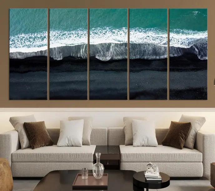 The Green Sea Ocean Aerial Wall Art Canvas Print is elegantly displayed, printed on museum-quality canvas. Its UV-protective coating ensures lasting beauty, and being ready to hang, it completes your room with timeless appeal.