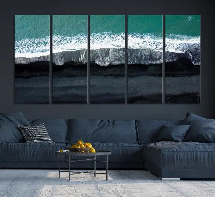 The Green Sea Ocean Aerial Wall Art Canvas Print is elegantly displayed, printed on museum-quality canvas. Its UV-protective coating ensures lasting beauty, and being ready to hang, it completes your room with timeless appeal.