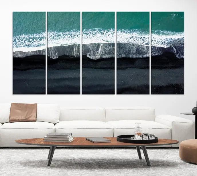 The Green Sea Ocean Aerial Wall Art Canvas Print is elegantly displayed, printed on museum-quality canvas. Its UV-protective coating ensures lasting beauty, and being ready to hang, it completes your room with timeless appeal.