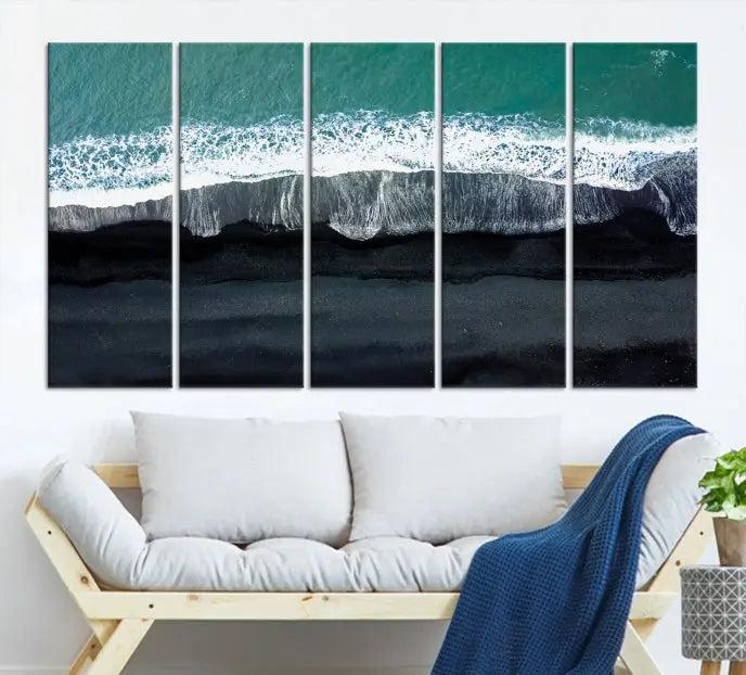 The Green Sea Ocean Aerial Wall Art Canvas Print is elegantly displayed, printed on museum-quality canvas. Its UV-protective coating ensures lasting beauty, and being ready to hang, it completes your room with timeless appeal.