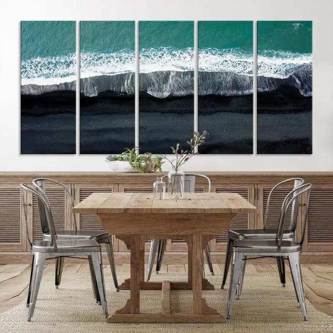 The Green Sea Ocean Aerial Wall Art Canvas Print is elegantly displayed, printed on museum-quality canvas. Its UV-protective coating ensures lasting beauty, and being ready to hang, it completes your room with timeless appeal.