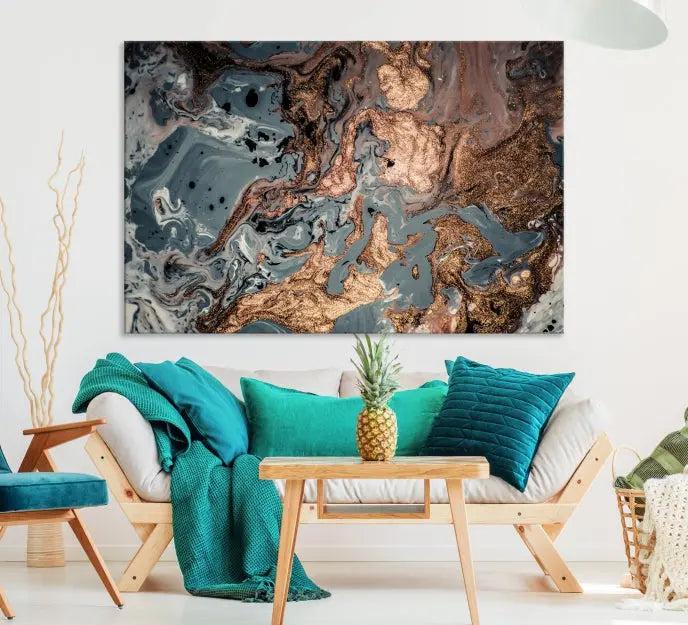 A set of Green and Brown Gold Marble Fluid Wall Art prints with swirling patterns is beautifully displayed on gallery-wrapped, museum-quality canvases.