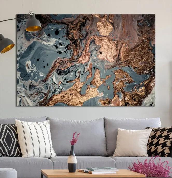 A set of Green and Brown Gold Marble Fluid Wall Art prints with swirling patterns is beautifully displayed on gallery-wrapped, museum-quality canvases.