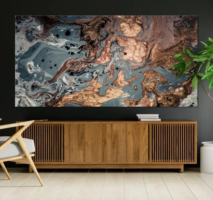 A set of Green and Brown Gold Marble Fluid Wall Art prints with swirling patterns is beautifully displayed on gallery-wrapped, museum-quality canvases.