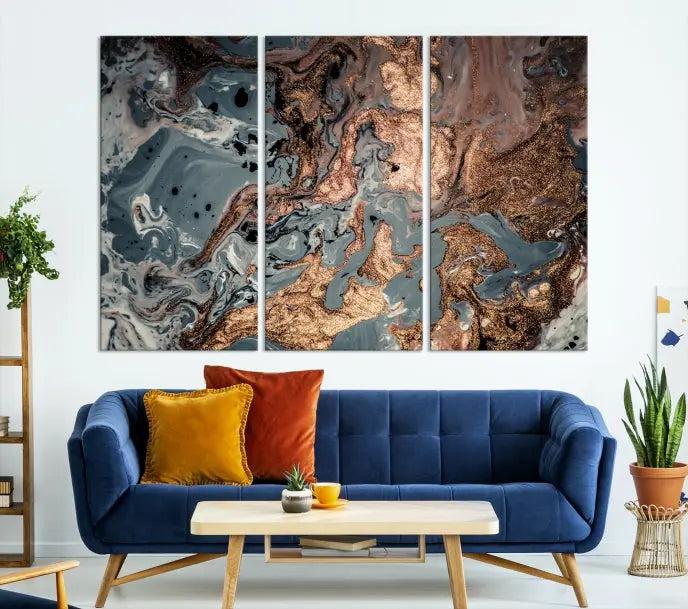 A set of Green and Brown Gold Marble Fluid Wall Art prints with swirling patterns is beautifully displayed on gallery-wrapped, museum-quality canvases.