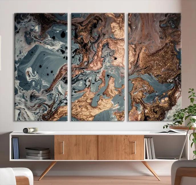 A set of Green and Brown Gold Marble Fluid Wall Art prints with swirling patterns is beautifully displayed on gallery-wrapped, museum-quality canvases.