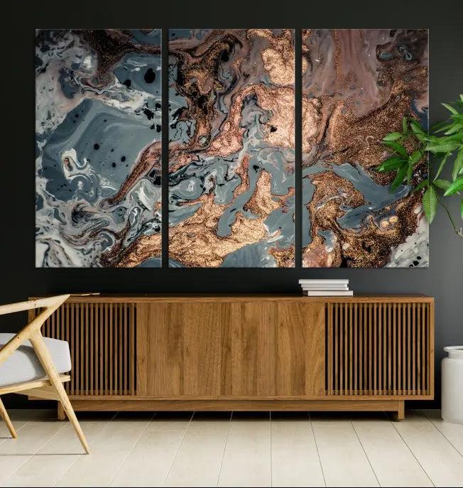 A set of Green and Brown Gold Marble Fluid Wall Art prints with swirling patterns is beautifully displayed on gallery-wrapped, museum-quality canvases.