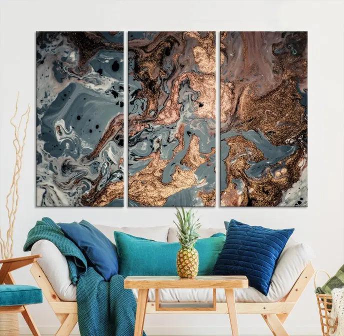 A set of Green and Brown Gold Marble Fluid Wall Art prints with swirling patterns is beautifully displayed on gallery-wrapped, museum-quality canvases.