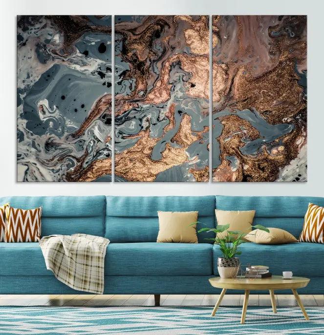 A set of Green and Brown Gold Marble Fluid Wall Art prints with swirling patterns is beautifully displayed on gallery-wrapped, museum-quality canvases.