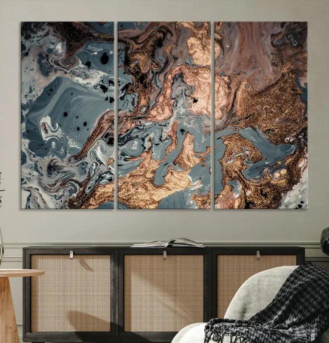 A set of Green and Brown Gold Marble Fluid Wall Art prints with swirling patterns is beautifully displayed on gallery-wrapped, museum-quality canvases.