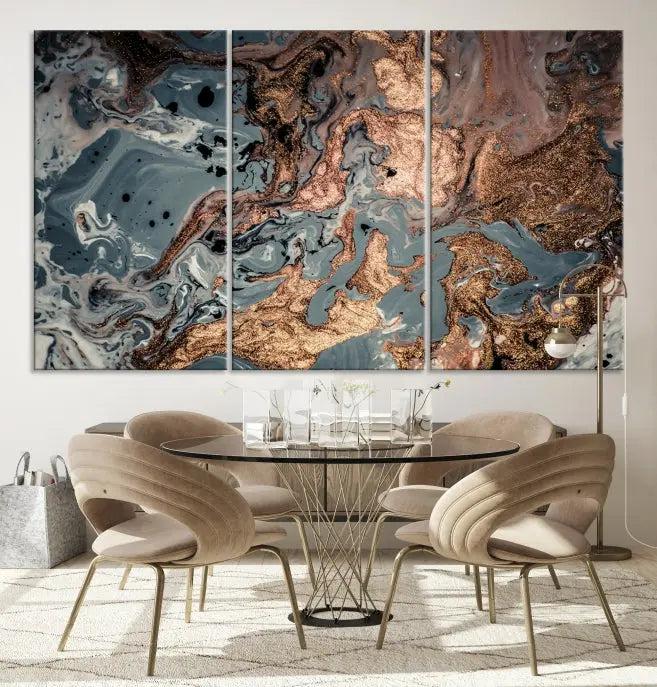 A set of Green and Brown Gold Marble Fluid Wall Art prints with swirling patterns is beautifully displayed on gallery-wrapped, museum-quality canvases.