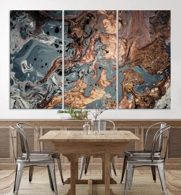 A set of Green and Brown Gold Marble Fluid Wall Art prints with swirling patterns is beautifully displayed on gallery-wrapped, museum-quality canvases.