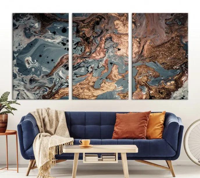 A set of Green and Brown Gold Marble Fluid Wall Art prints with swirling patterns is beautifully displayed on gallery-wrapped, museum-quality canvases.