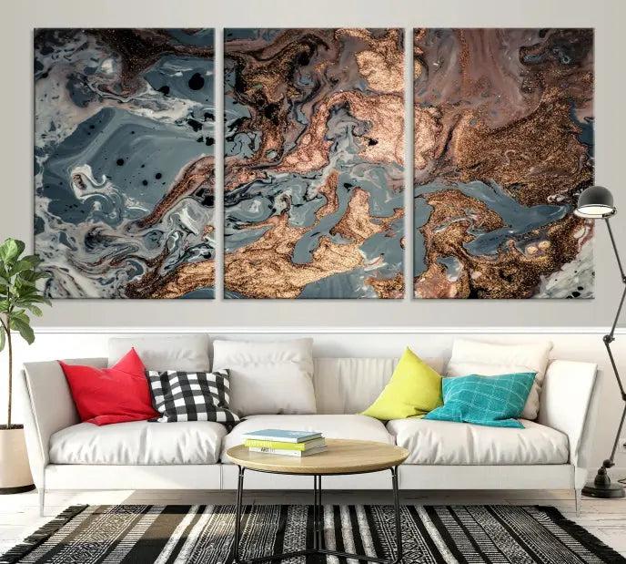 A set of Green and Brown Gold Marble Fluid Wall Art prints with swirling patterns is beautifully displayed on gallery-wrapped, museum-quality canvases.