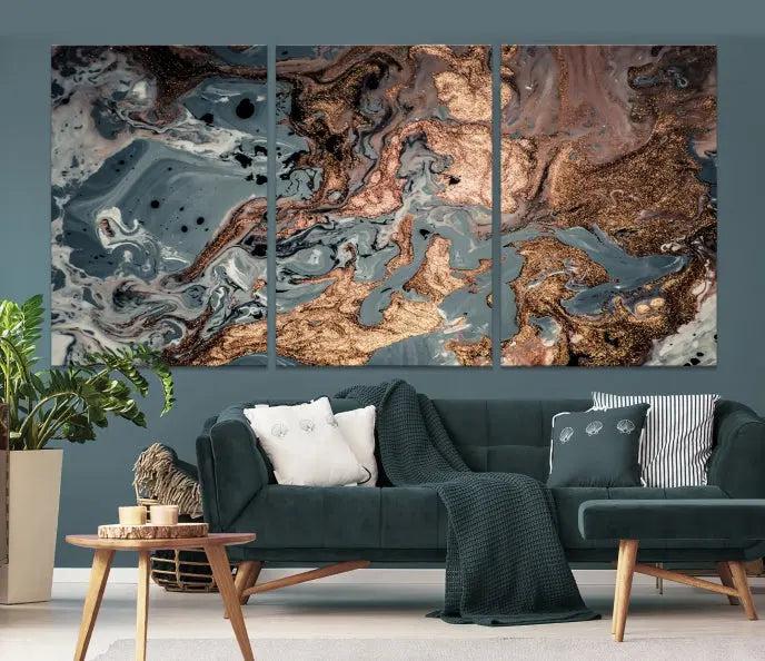 A set of Green and Brown Gold Marble Fluid Wall Art prints with swirling patterns is beautifully displayed on gallery-wrapped, museum-quality canvases.