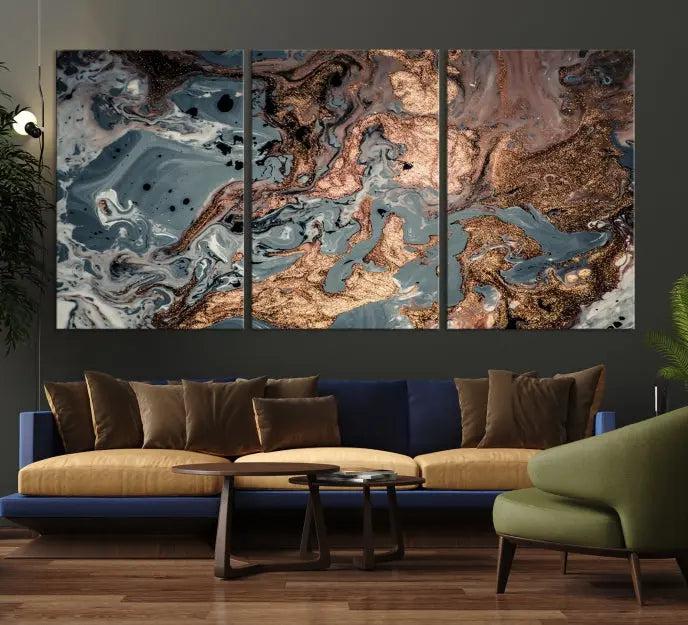 A set of Green and Brown Gold Marble Fluid Wall Art prints with swirling patterns is beautifully displayed on gallery-wrapped, museum-quality canvases.