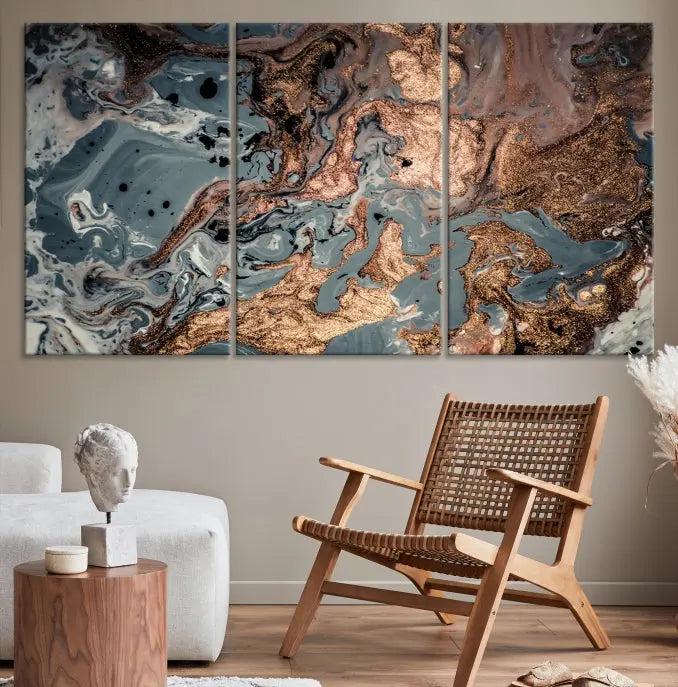 A set of Green and Brown Gold Marble Fluid Wall Art prints with swirling patterns is beautifully displayed on gallery-wrapped, museum-quality canvases.