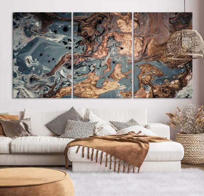 A set of Green and Brown Gold Marble Fluid Wall Art prints with swirling patterns is beautifully displayed on gallery-wrapped, museum-quality canvases.