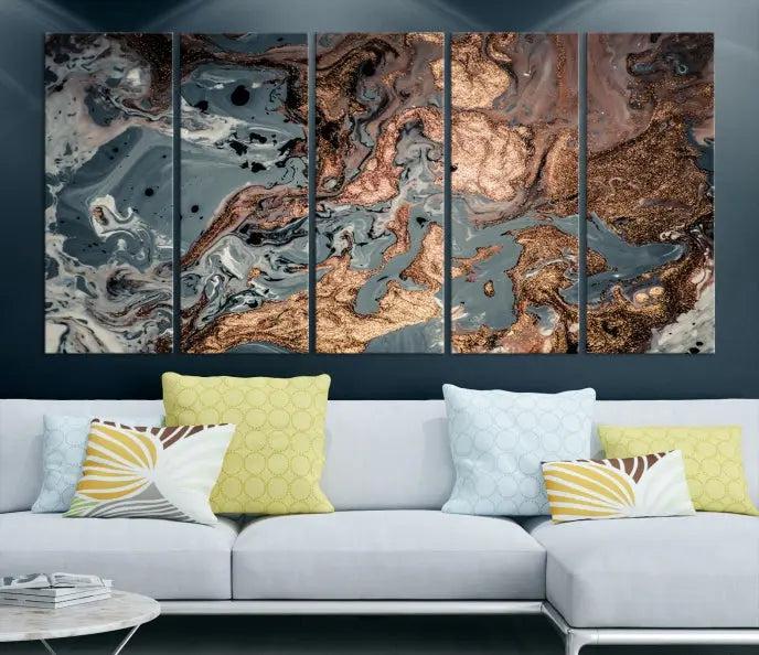 A set of Green and Brown Gold Marble Fluid Wall Art prints with swirling patterns is beautifully displayed on gallery-wrapped, museum-quality canvases.