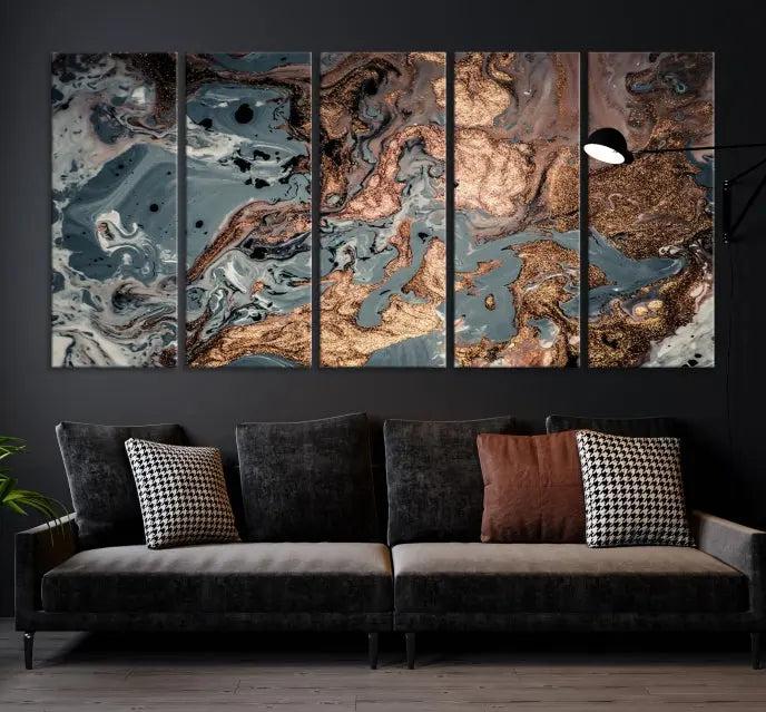 A set of Green and Brown Gold Marble Fluid Wall Art prints with swirling patterns is beautifully displayed on gallery-wrapped, museum-quality canvases.