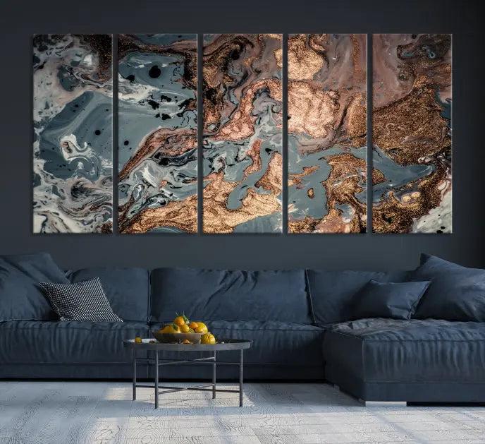 A set of Green and Brown Gold Marble Fluid Wall Art prints with swirling patterns is beautifully displayed on gallery-wrapped, museum-quality canvases.