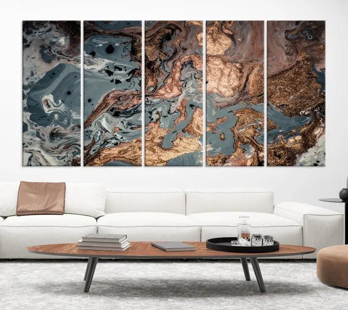 A set of Green and Brown Gold Marble Fluid Wall Art prints with swirling patterns is beautifully displayed on gallery-wrapped, museum-quality canvases.