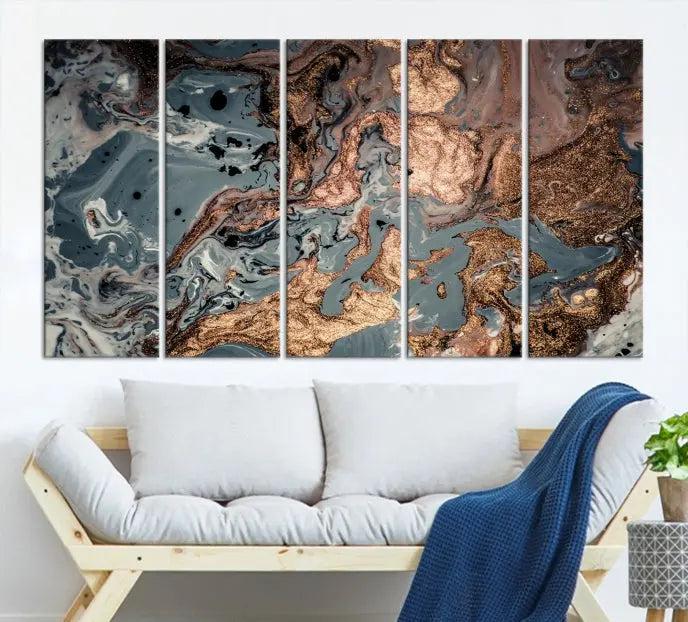 A set of Green and Brown Gold Marble Fluid Wall Art prints with swirling patterns is beautifully displayed on gallery-wrapped, museum-quality canvases.