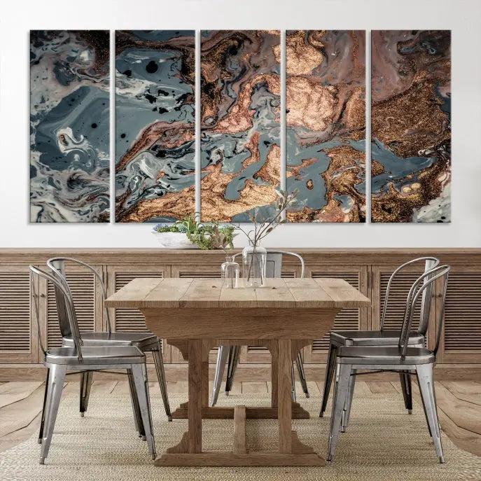 A set of Green and Brown Gold Marble Fluid Wall Art prints with swirling patterns is beautifully displayed on gallery-wrapped, museum-quality canvases.