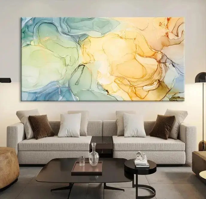 The Green and Yellow Marble Fluid Effect Wall Art Abstract Canvas Wall Art Print in the living room is a striking piece. This three-panel artwork, gallery wrapped on museum-quality canvas, ensures it stands out as a centerpiece in any setting.