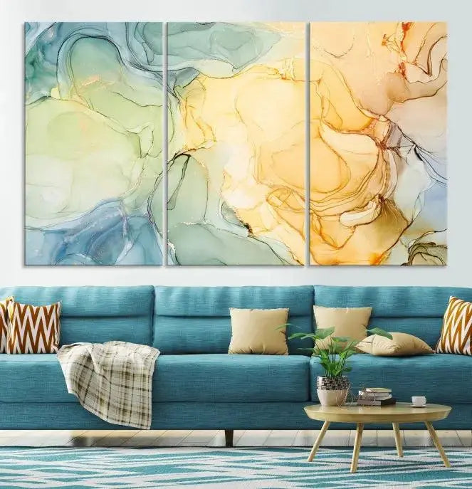 The Green and Yellow Marble Fluid Effect Wall Art Abstract Canvas Wall Art Print in the living room is a striking piece. This three-panel artwork, gallery wrapped on museum-quality canvas, ensures it stands out as a centerpiece in any setting.