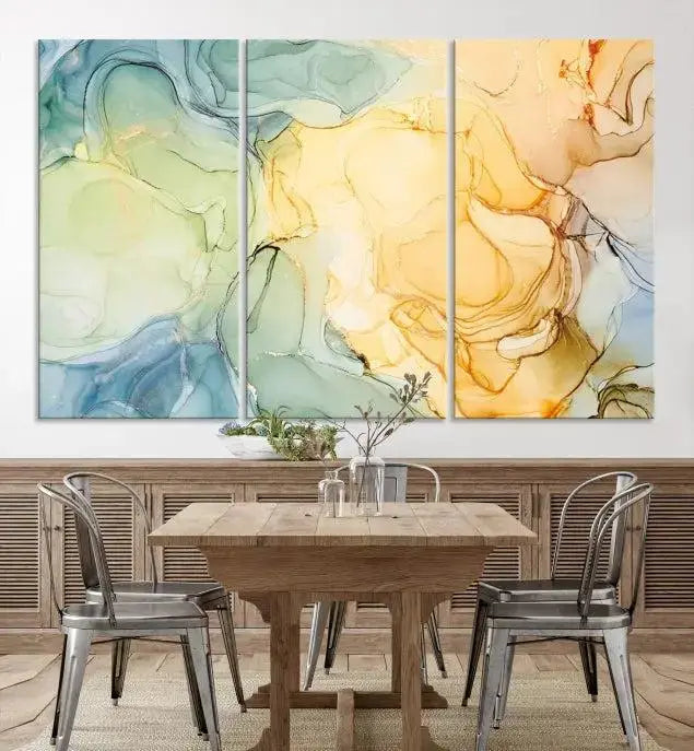 The Green and Yellow Marble Fluid Effect Wall Art Abstract Canvas Wall Art Print in the living room is a striking piece. This three-panel artwork, gallery wrapped on museum-quality canvas, ensures it stands out as a centerpiece in any setting.