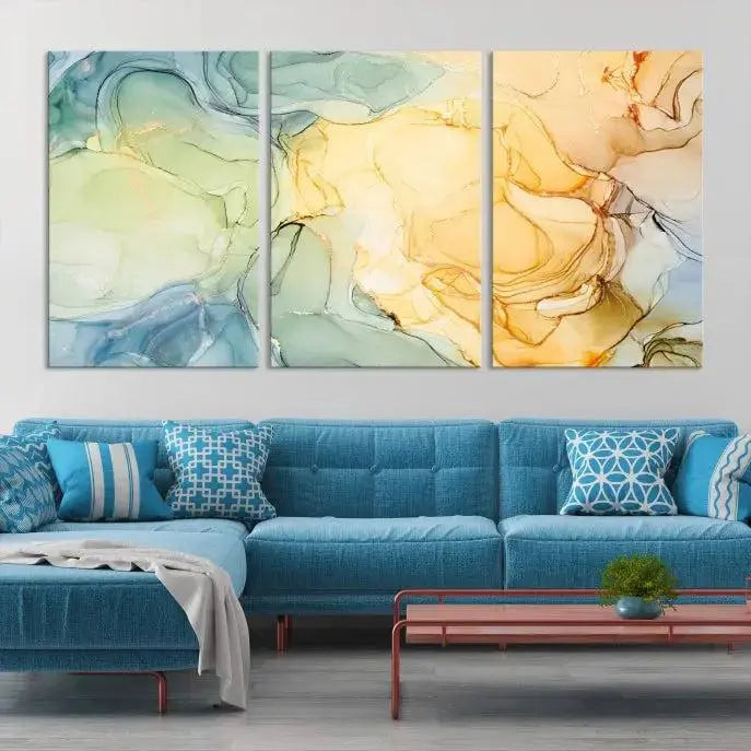 The Green and Yellow Marble Fluid Effect Wall Art Abstract Canvas Wall Art Print in the living room is a striking piece. This three-panel artwork, gallery wrapped on museum-quality canvas, ensures it stands out as a centerpiece in any setting.