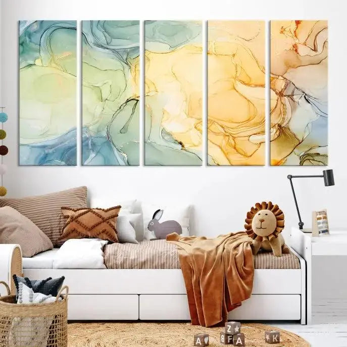 The Green and Yellow Marble Fluid Effect Wall Art Abstract Canvas Wall Art Print in the living room is a striking piece. This three-panel artwork, gallery wrapped on museum-quality canvas, ensures it stands out as a centerpiece in any setting.