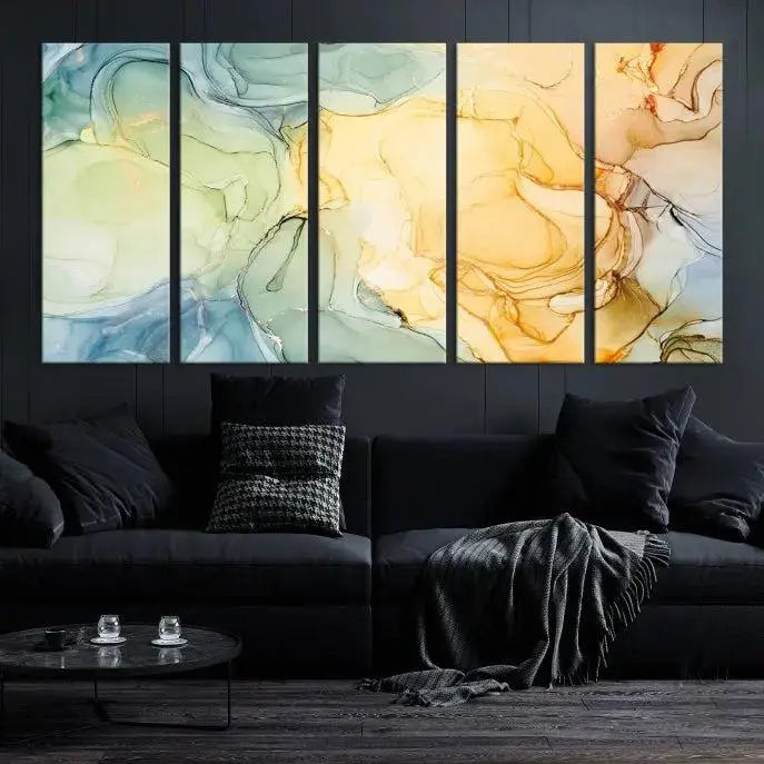 The Green and Yellow Marble Fluid Effect Wall Art Abstract Canvas Wall Art Print in the living room is a striking piece. This three-panel artwork, gallery wrapped on museum-quality canvas, ensures it stands out as a centerpiece in any setting.