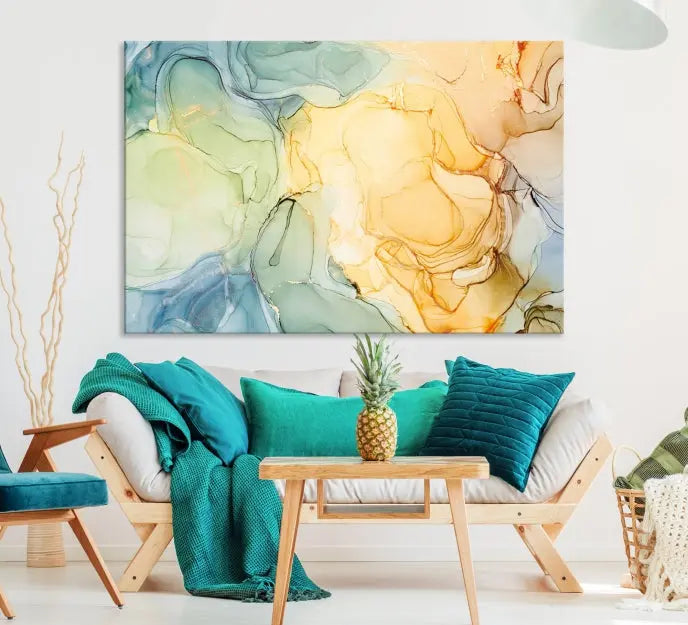 The Green and Yellow Marble Fluid Effect Wall Art Abstract Canvas Wall Art Print in the living room is a striking piece. This three-panel artwork, gallery wrapped on museum-quality canvas, ensures it stands out as a centerpiece in any setting.