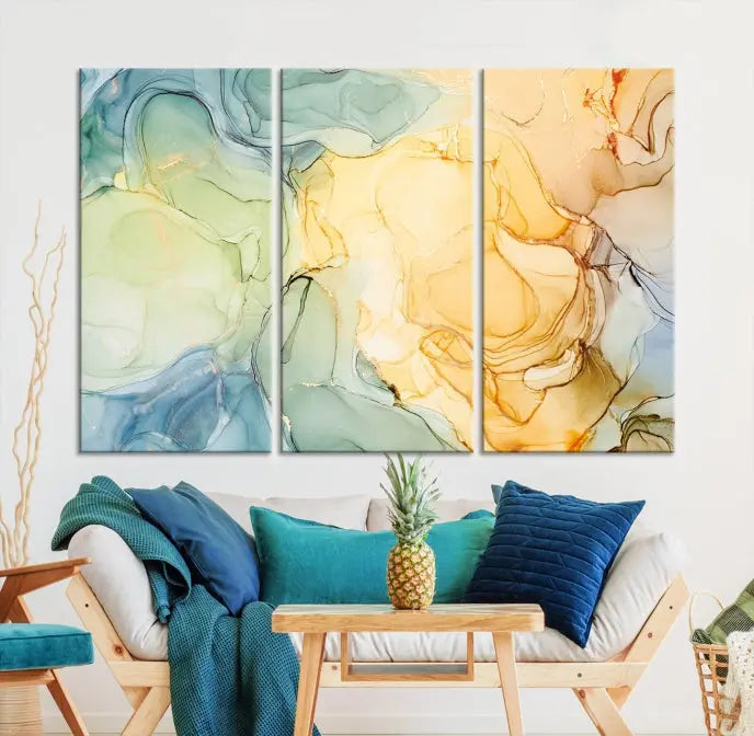 The Green and Yellow Marble Fluid Effect Wall Art Abstract Canvas Wall Art Print in the living room is a striking piece. This three-panel artwork, gallery wrapped on museum-quality canvas, ensures it stands out as a centerpiece in any setting.